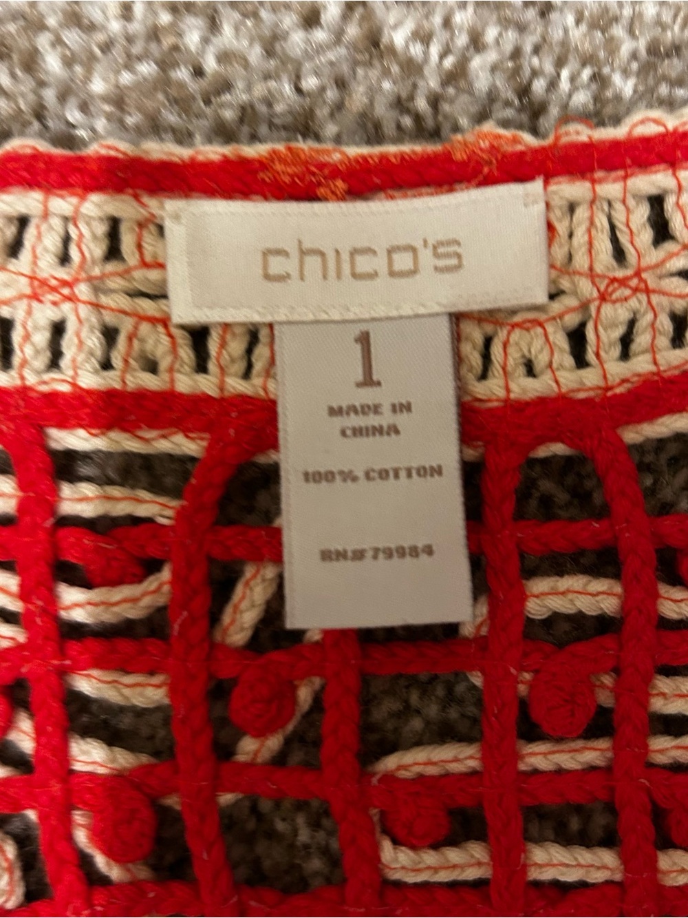 Chico's Red Crochet Openwork Top with Cream Accents size 1 - Picture 2 of 6
